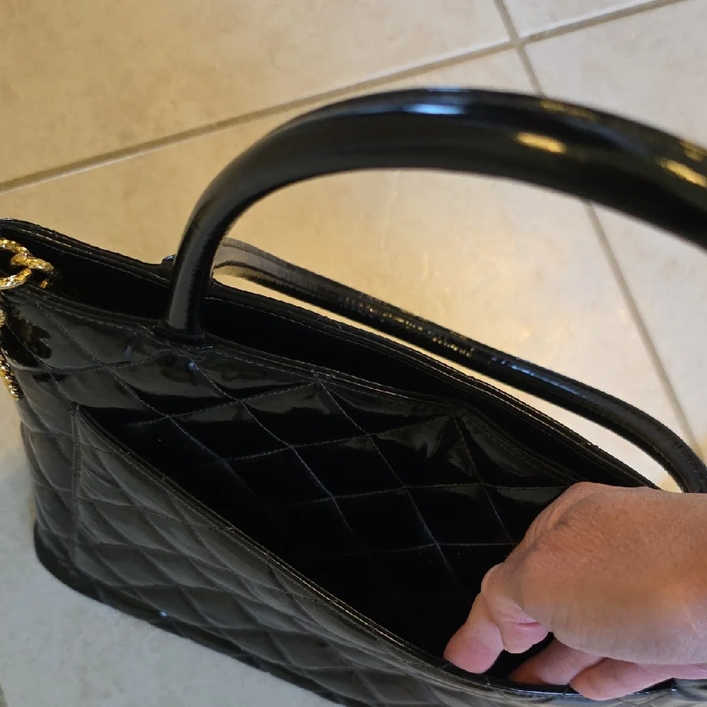 CHANEL Black Quilted Patent Leather Shoulder Bag with Gold Medallion Authentic - Picture 4 of 12